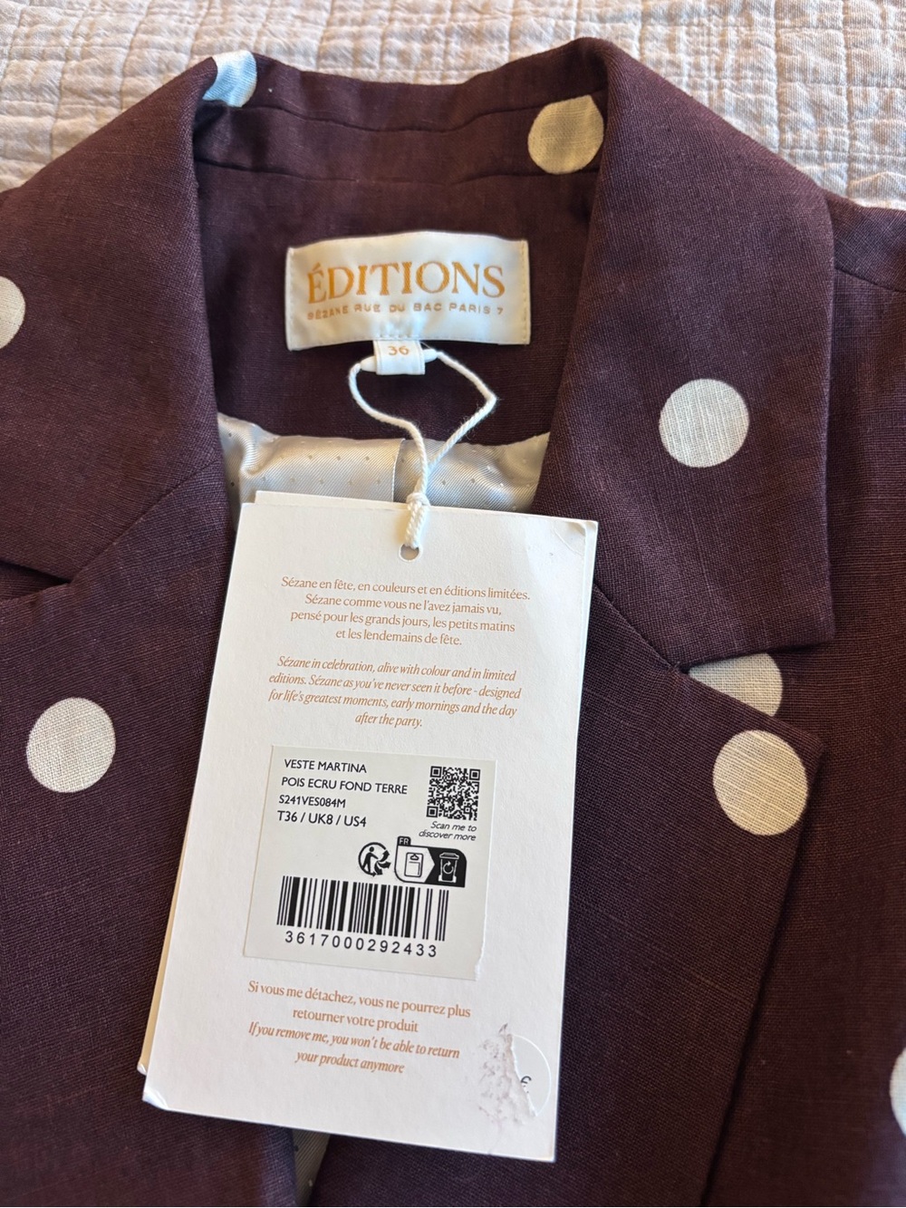 NWT Sézane Martina Jacket in Ecru Polka Dots on Chocolate Print Size 4/36 - Picture 5 of 7